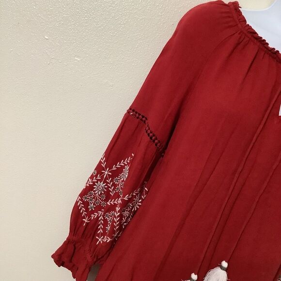 Sweet Magnolia Bohemian Boho Hippie Red Beaded Oversized Peasant Blouse Small - Picture 2 of 14